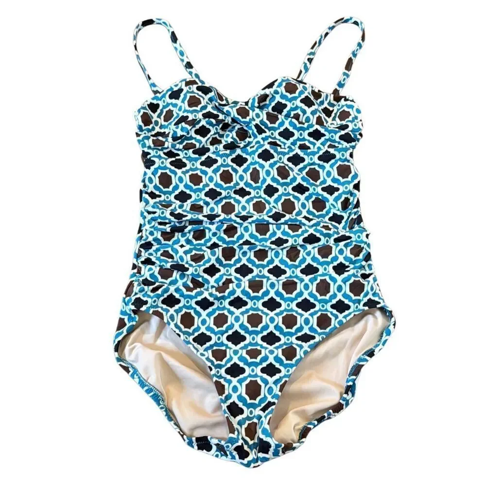 Lands’ End geometric sweetheart ruched tummy control one piece 4